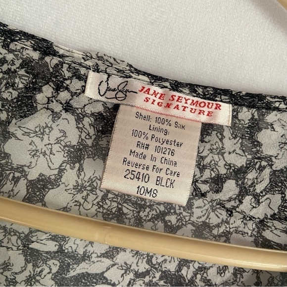 Floral Black White Silk See Through Sheer Long Sleeve Blouse Top Size 10 Vtg 90s - Picture 6 of 8